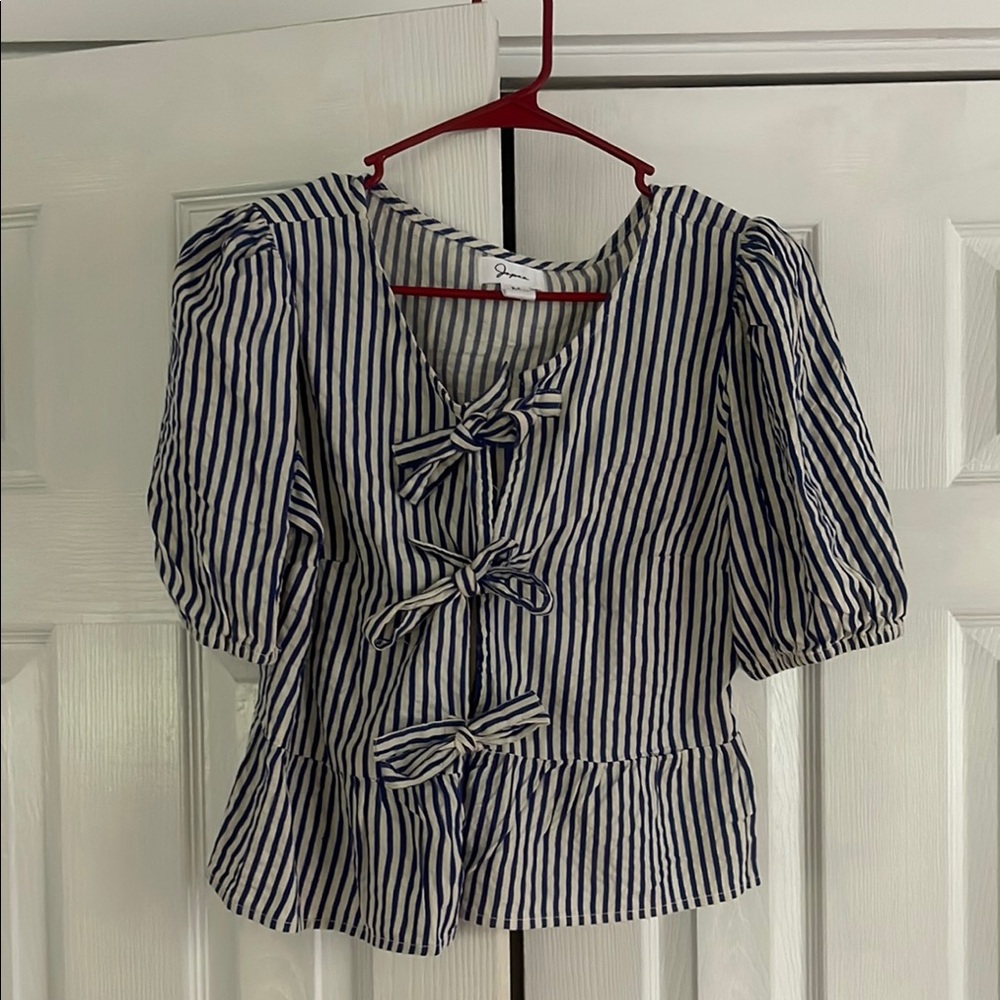 Japna Blue and White Tie Front Peplum Blouse